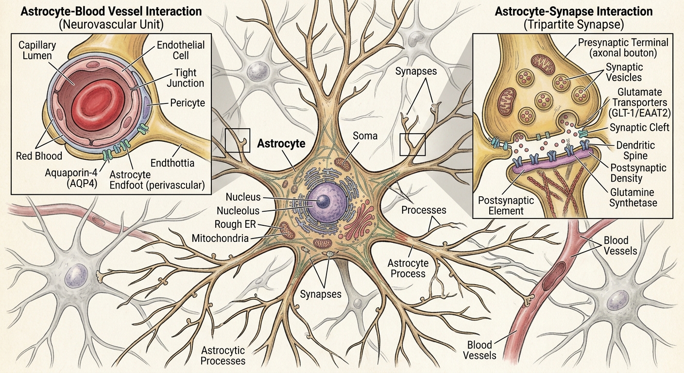 Detailed illustration of an astrocyte, including insets of the tripartite synapse and the neurovascular unit.