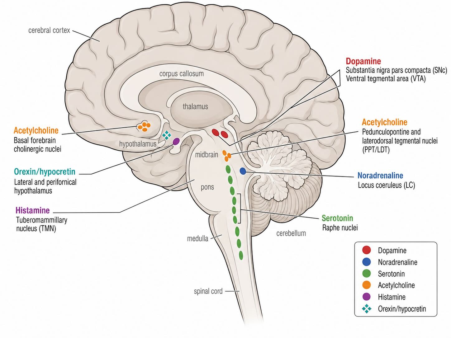 Major sources of the brain’s diffuse neuromodulatory systems. Colored markers indicate the principal cell-body source regions for dopamine in the substantia nigra pars compacta and ventral tegmental area; noradrenaline in the locus coeruleus; serotonin in the raphe nuclei; acetylcholine in the basal forebrain and the pedunculopontine and laterodorsal tegmental nuclei; histamine in the tuberomammillary nucleus; and orexin/hypocretin in the lateral and perifornical hypothalamus. The locations are shown schematically on a midsagittal brain and represent bilateral, three-dimensional populations rather than precise anatomical boundaries. Only source populations are depicted; their widespread axonal projections are not shown.