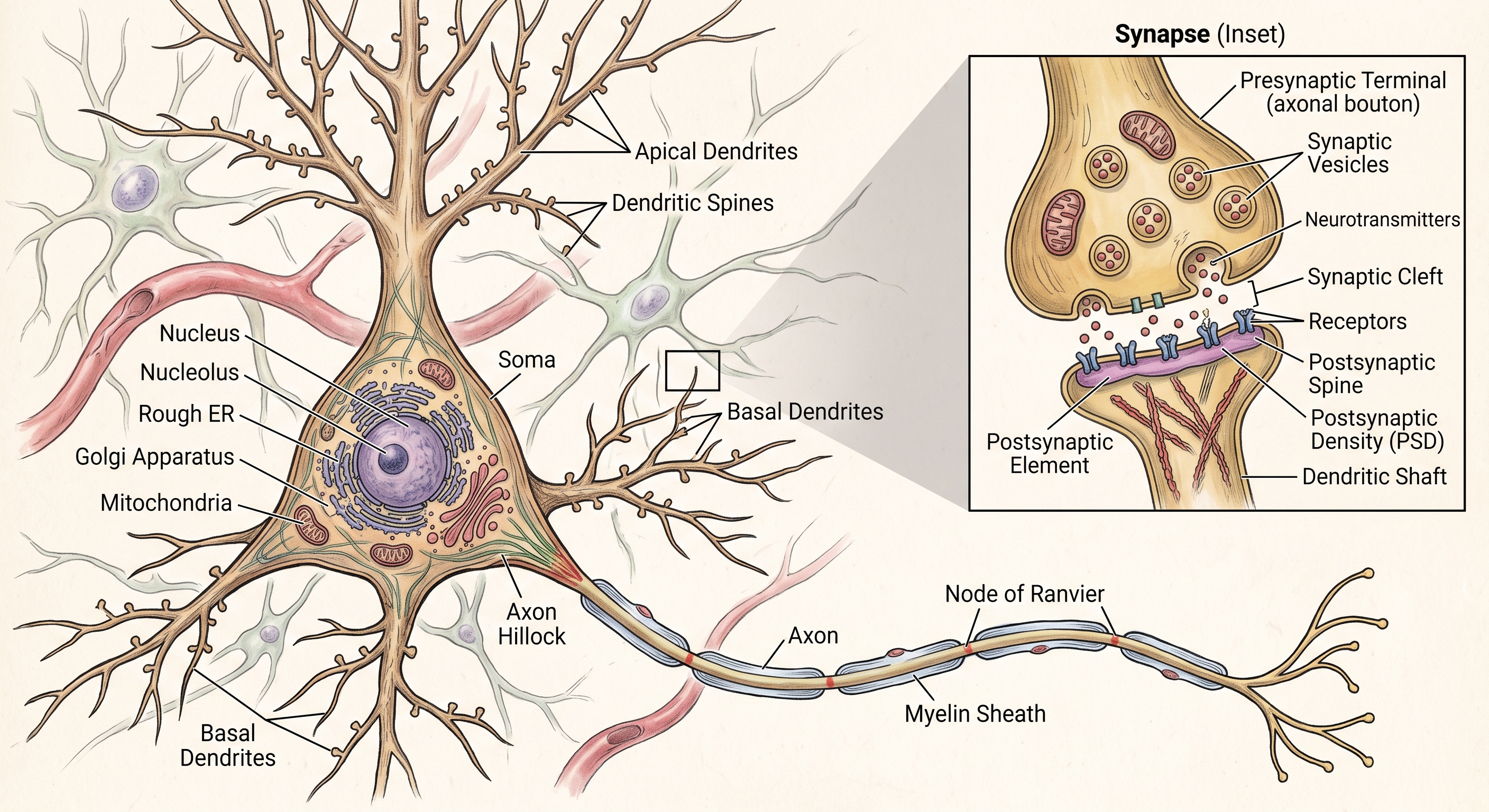 Detailed illustration of a pyramidal neuron
